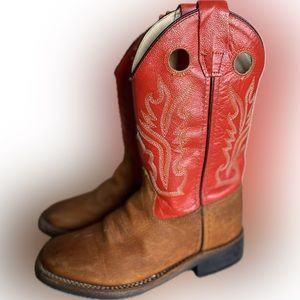 Old West Cowboy Western Boots Distressed Brown w/ Red Leather Upper Kids Size 12
